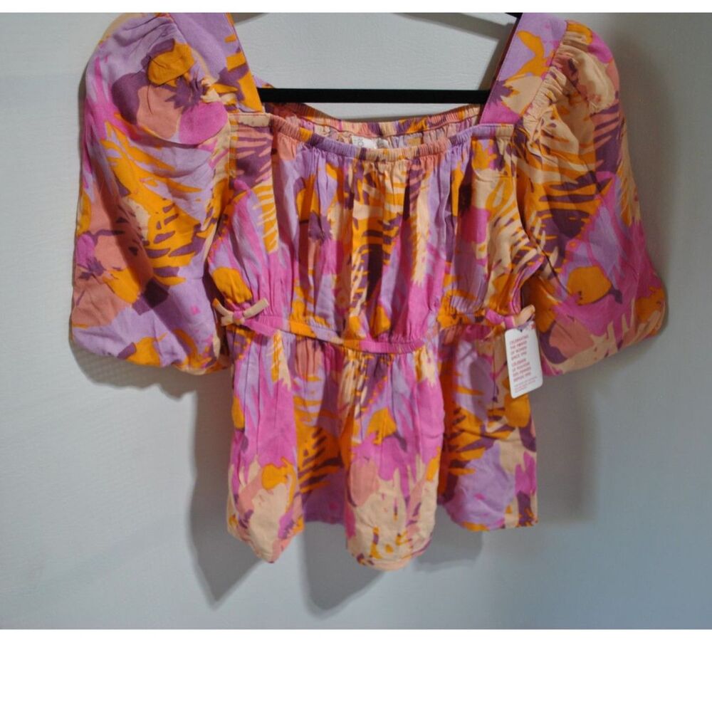 Roxy Girls Summer Sol Top Peach Fuzz Floral Puff Sleeve Blouse Size L 12/14